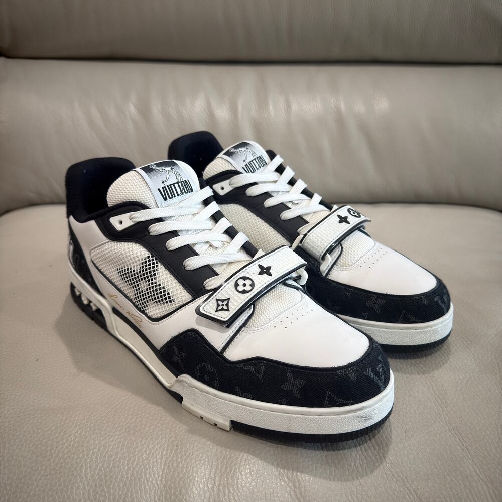 LOUIS VUITTON LV Trainer Sneaker Monogram Denim Black White LV 11 US 12 1A9ZAU